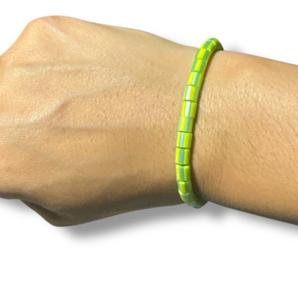 3 FOR $20 HANDCRAFTED Two-Tone Green Striped Fuse Beaded Stretch Bracelet